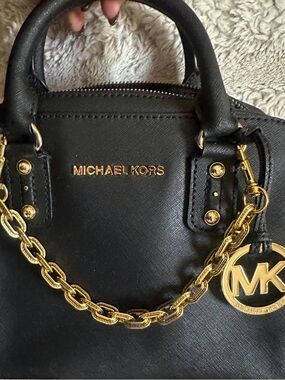 Michael Kors Black Saffiano Satchel with Gold Hardware and Chain